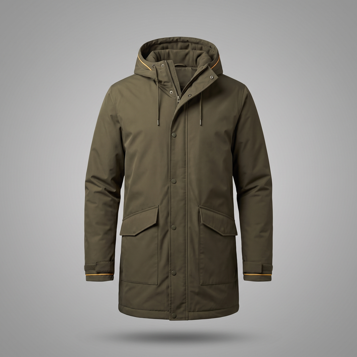 Men's Classic Streetwear Hooded Parka in olive green, front view
